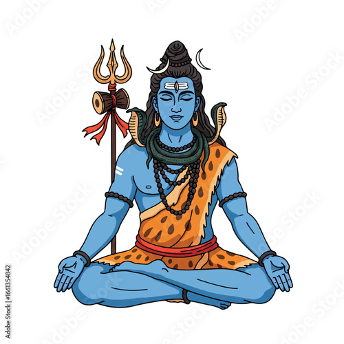 Vector Illustration of Lord Shiva Meditating in Lotus Position, Hindu Deity