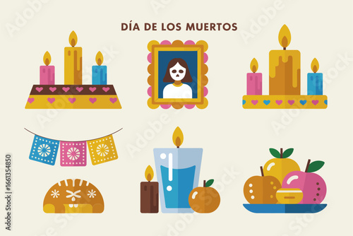 Day of the dead altar composition, candles photo banners fruits bread, marigold flower decor, offering table scene, vector illustration collection