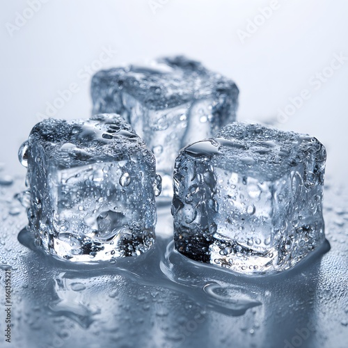 Clear ice cubes melting on a reflective surface under bright lighting.