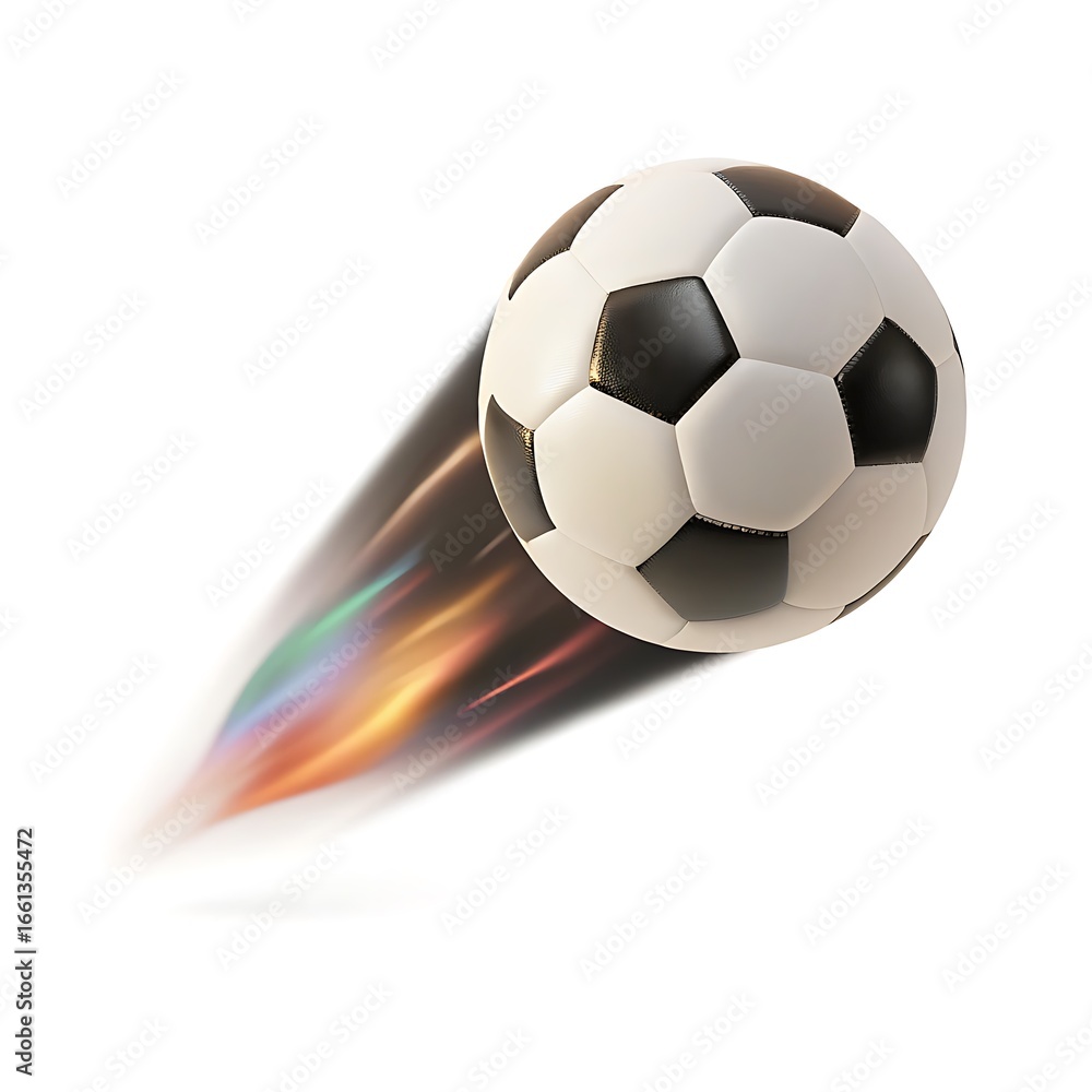 Naklejka premium Dynamic soccer ball in motion with fiery trails against a clean white background