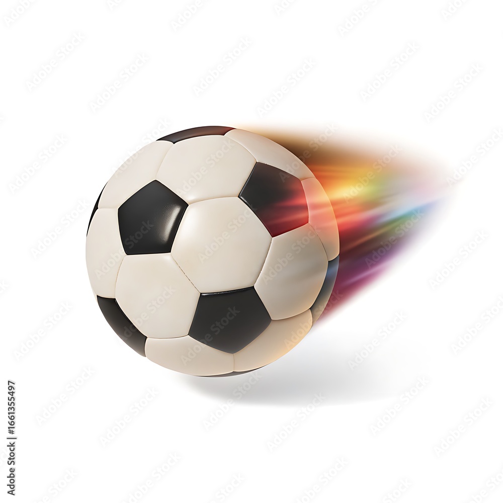 Naklejka premium A soccer ball in motion with a colorful motion blur trail against a white background
