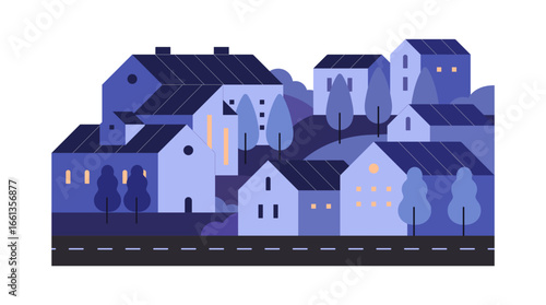 Geometric suburb with houses at night. Suburban landscape with buildings. Minimal city, town street with road, townhouses. Country cityscape in moon light. Flat isolated vector illustration on white