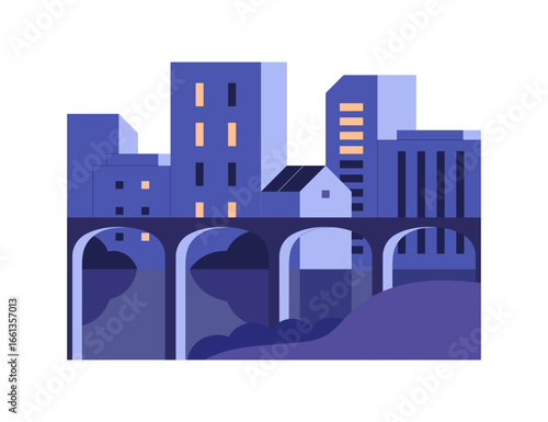 Geometric city landscape with bridge at night. Evening cityscape with high rise houses, skyscrapers, residential buildings, road. Town with urban viaduct. Flat isolated vector illustration on white