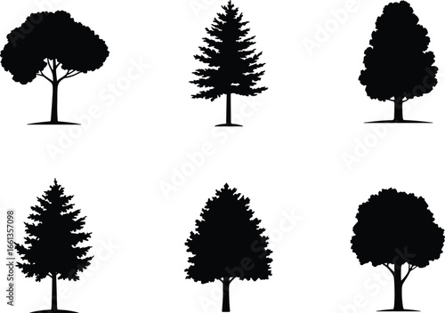 Black tree silhouette vector set, isolated forest shapes, botanical icons, pine and deciduous trees, nature elements, landscape design, editable illustration