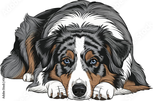 Australian Shepherd dog lying down cute front view vector illustration