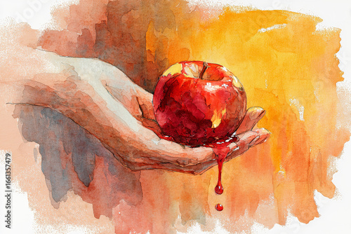 Eve holds the fateful apple, a symbol of temptation, bathed in the warm fading light of Eden