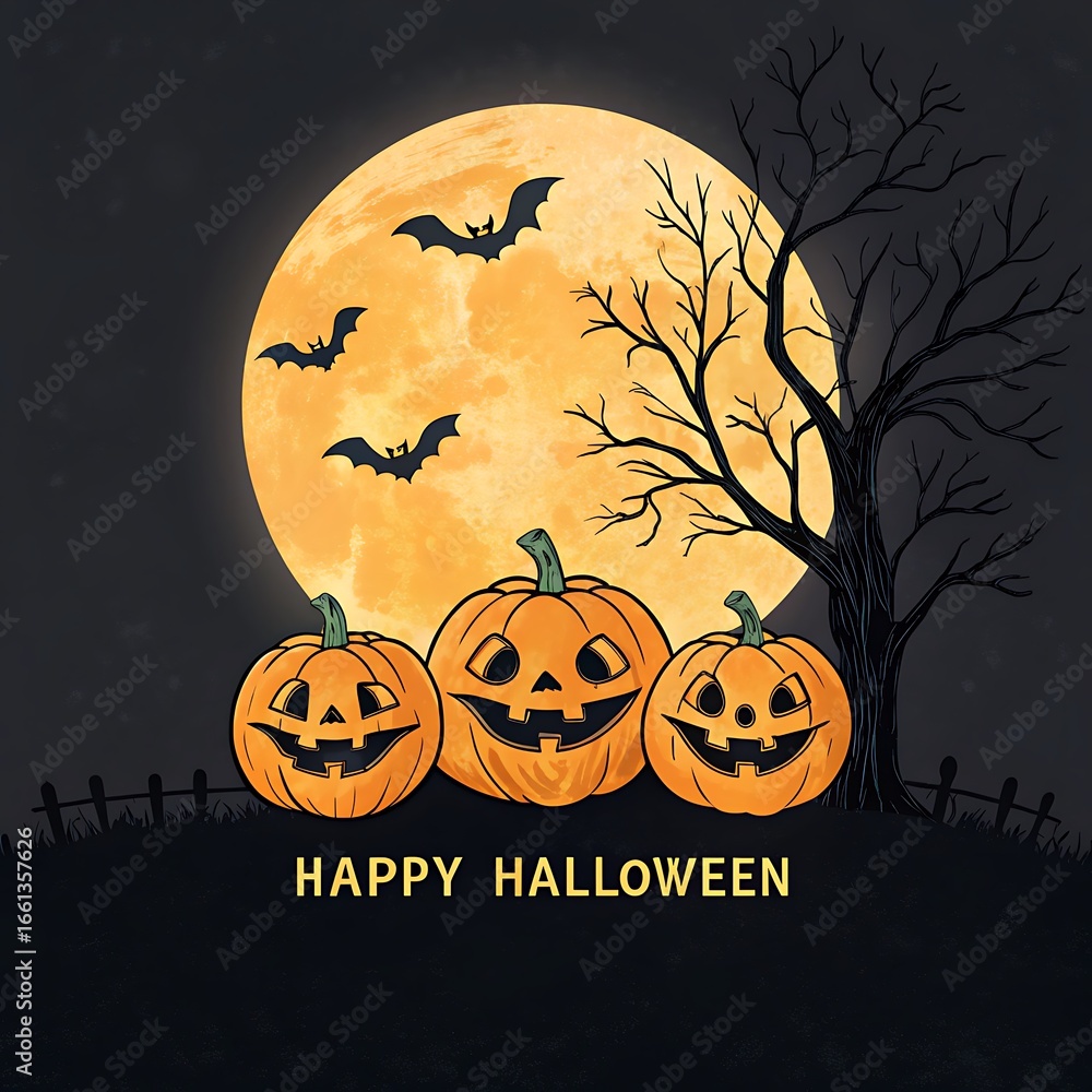 Fototapeta premium Spooky halloween night with carved pumpkins bats flying and a full moon behind a bare tree