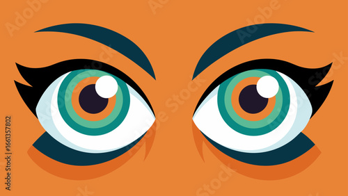Illustration of a pair of expressive eyes with colorful irises on an orange background tone art