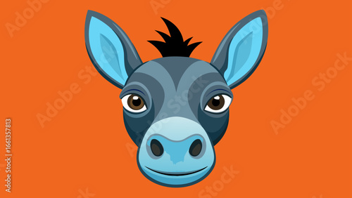 Illustration of a cartoon donkey head with blue ears and a gray face on orange background