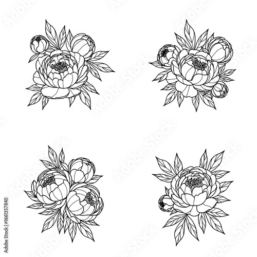 Four peony flower arrangements with leaves are drawn with line art in a simple design, perfect for craft projects.