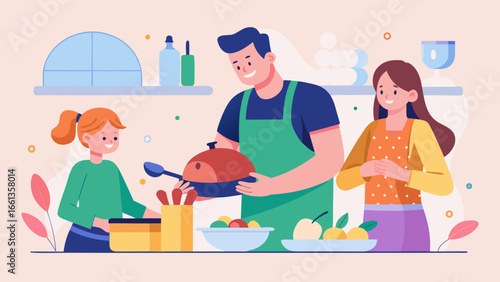 A family cooking together in the kitchen with father holding a pot and mother and daughter assisting