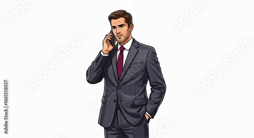 A serious businessman conducts a phone call, hand in pocket, dressed in a dark suit and red tie.