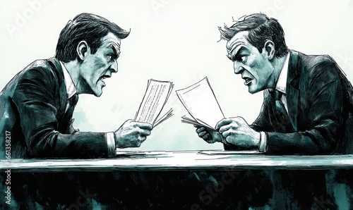 Two corporate specimens engaged in a tense discussion over documents, indicating a potential conflict or disagreement in a business setting, symbolizing the challenges of professional, Generative AI
