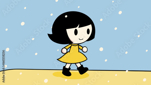 Cartoon girl with black hair and yellow dress walking in a snowy landscape illustration art