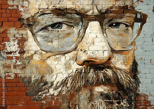 38. Weathered portrait mural on sun-exposed brick
