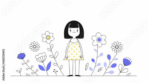 Illustration of a girl with black hair standing among flowers on a white background in a simple style