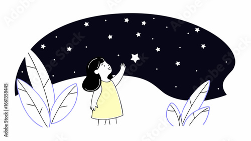 A girl reaching for a star in a night sky with plants around her in a dreamy illustration style