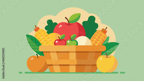 Illustration of a basket filled with various fruits including apples and pineapples arranged nicely