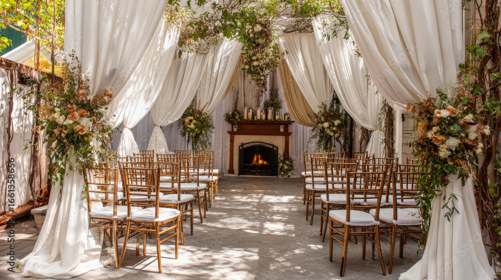 Obraz premium Charming outdoor wedding ceremony adorned with elegant white drapes and lush floral arrangements