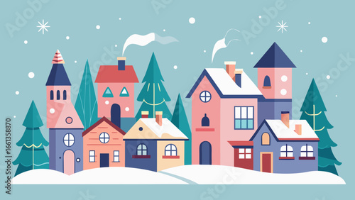 Illustration of a snowy village scene with houses trees and snowflakes in winter season art style