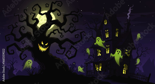 Spooky Halloween scene featuring a haunted house, gnarled tree with a scary face, and floating ghosts under a full moon.