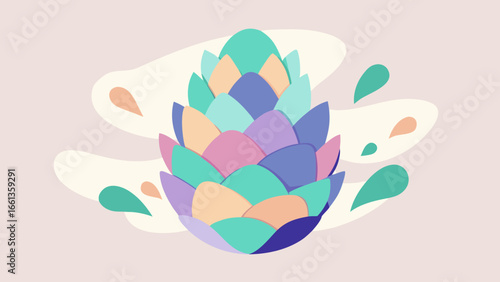 Stylized artichoke with pastel colored petals and abstract background shapes in soft hues design