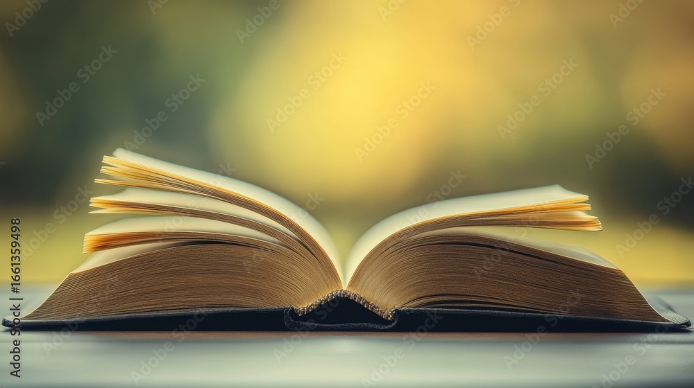 Obraz premium Open book on table in serene outdoor garden setting