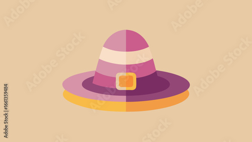 Illustration of a stylized witch hat with a buckle and colorful bands on a beige background