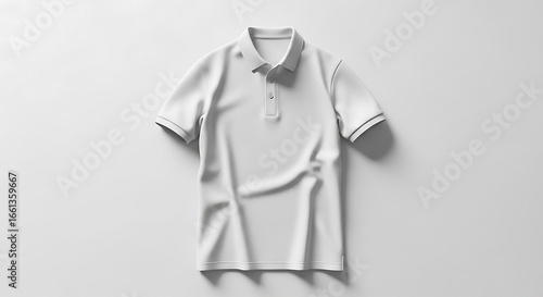 Minimalist white polo shirt mockup flat lay top view clean studio shot for fashion presentation