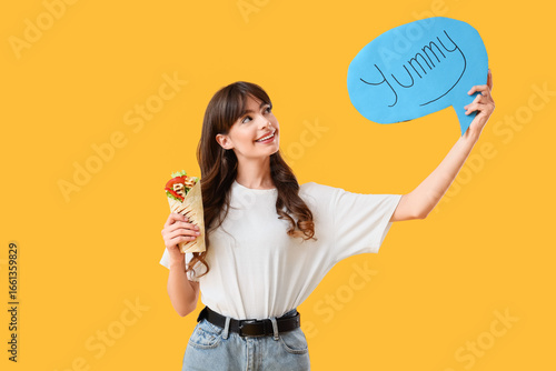 Young woman holding speech ...