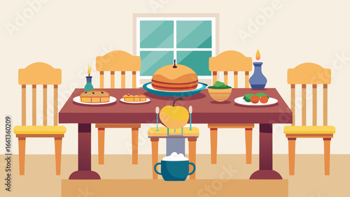 Dining table set with cake salad and candles in a brightly lit room with a window view present