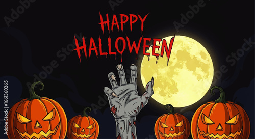 Halloween zombie hand reaching out, surrounded by jack-o'-lanterns under a full moon.