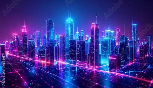 Wallpaper Mural Neon Cityscape, Night, Digital Rendering (1) Torontodigital.ca