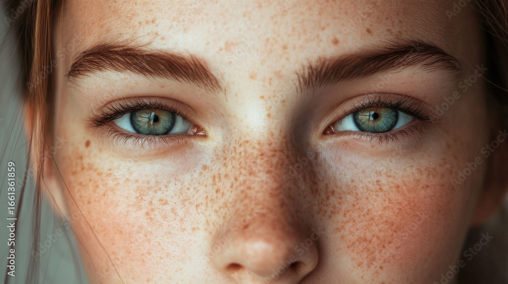 Fototapeta premium Young woman with freckles in serene indoor portrait