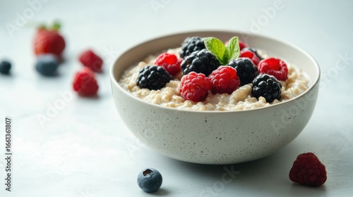 Bowl of healthy oatmeal with fresh berries in kitchen