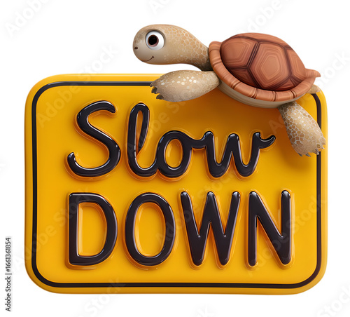 Turtle on a slow down rectangular sign isolated on transparent background