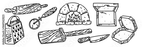 A set of products related to pizza in the Doodle style. Rolling pin, grater, pizza cutter, oven, knife, box, wooden pizza shovel. Engraving, line, doodle monochrome object. Hand-drawn in retro style
