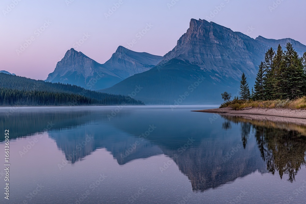 Naklejka premium Misty mountain reflection on tranquil lake at dawn