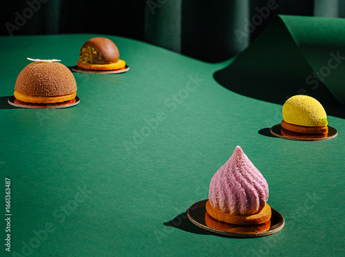 Creative dessert display featuring colorful pastries on a textured background