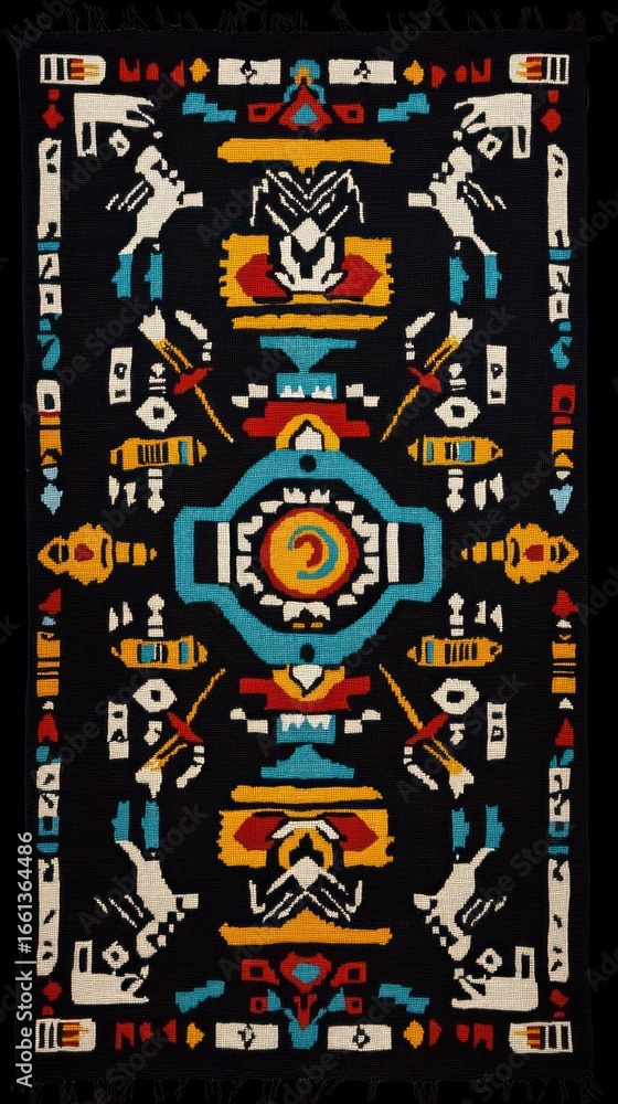 Fototapeta premium Black woven textile featuring intricate geometric and anthropomorphic motifs in vibrant blue yellow and red colors