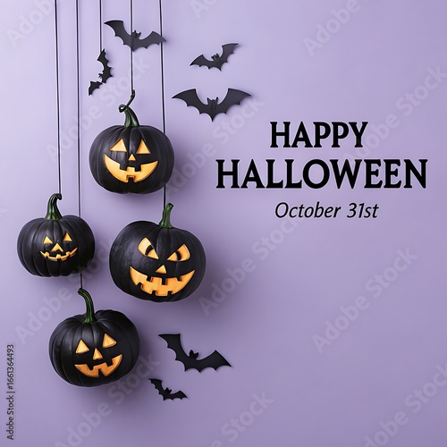 Spooky black pumpkins with glowing faces and hanging bats for a happy halloween celebration