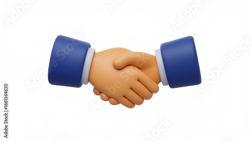A 3D-rendered handshake emoji-style icon featuring two cartoonish hands shaking firmly