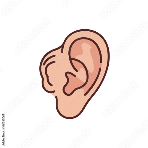 A stylized 2D flat vector illustration of the human ear with an emphasized cochlea, showcasing simple geometric forms in solid beige and brown, isolated on a clean white background.