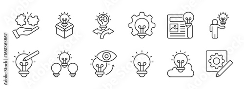 Creative idea line icon set. Brainstorming, lightbulb, brain, solution, innovation etc. Editable stroke