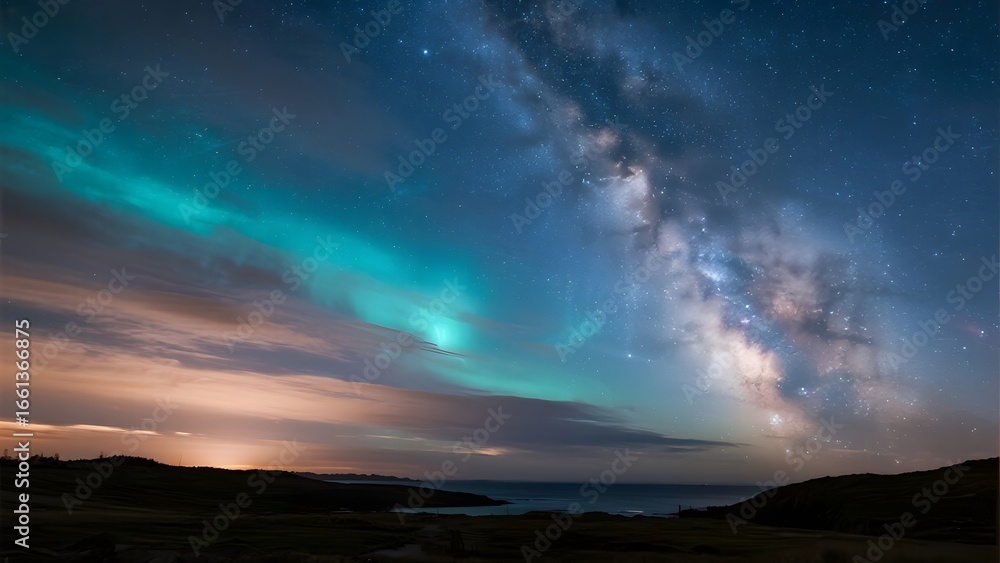 Fototapeta premium Aurora Borealis and Milky Way Over Coastal Landscape