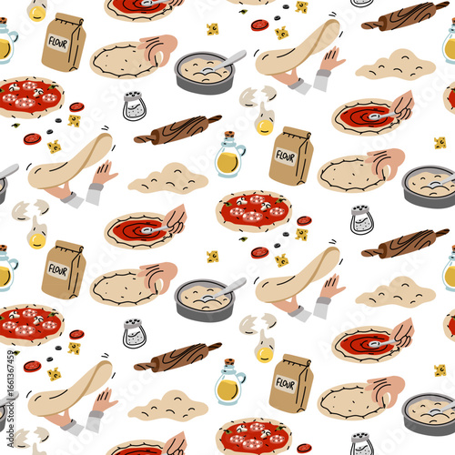 pattern of Products process of making pizza. chef's hands make dough, roll it out, add toppings. flat color illustration with doodle lines in seamless texture. Ingredients and process of making pizza