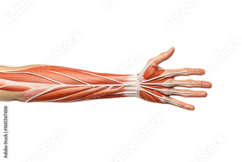 Human arm anatomy displaying muscle fibers, tendons, nerves, and skeletal structure from elbow to fingertips, isolated on a transparent background