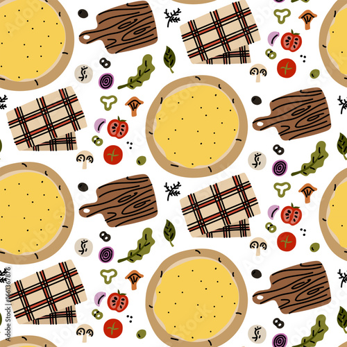 pattern of Ready-made pizzas with various toppings on wooden tray, covered with a towel. Flat color illustration with doodle lines in seamless texture. For every taste. Various pizza toppings. Food
