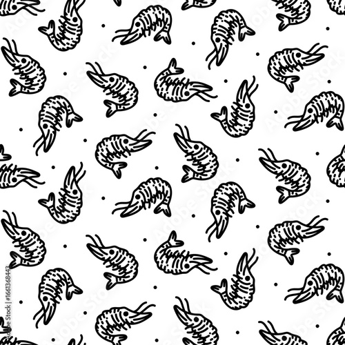 Shrimp doodle pattern. Freshly caught seafood. Underwater animal with a head and long whiskers. Engraving, monochrome hand-drawn in a seamless texture Cute kitchen texture for towels and napkins
