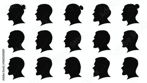 Male profile silhouettes diverse hairstyles beards